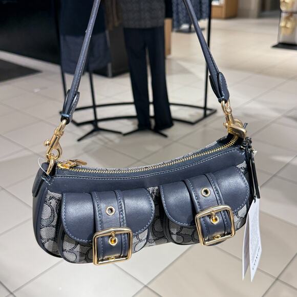 COACH Ashton Bag In Signature Jacquard CBJ00 Gold/Navy/Midnight Navy - Picture 3 of 11